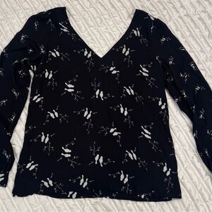 LOFT Black V-Neck Top with White Bird Pattern